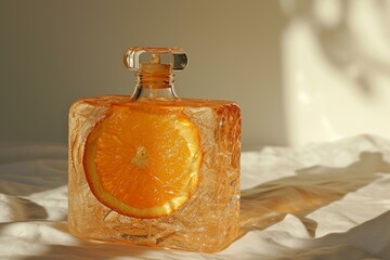 Poster - Artistic perfume bottle with embossed orange slice on soft, warm background