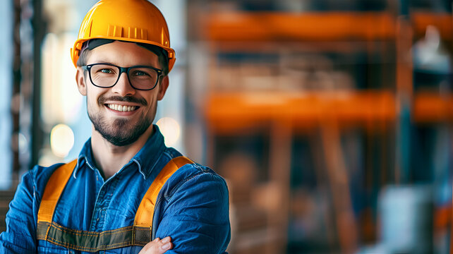 A young smiling man is a builder or warehouse worker in a protective helmet against the background of a construction site or warehouse. The concept of working specialties