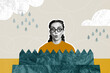 © deagreez - Composite photo collage of astonished nerd girl wear glasses braids hairdo bad weather rain drop water isolated on painted background