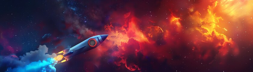 Neon rocket launch, colorful exhaust, dark space background, futuristic and dynamic