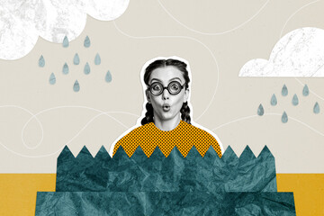 Sticker - Composite photo collage of astonished nerd girl wear glasses braids hairdo bad weather rain drop water isolated on painted background