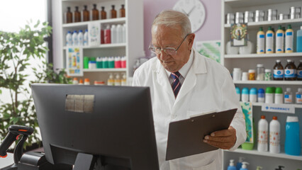 Sticker - Grey-haired, elderly, caucasian man in a pharmacy reading a clipboard next to a computer monitor indoors, stock photo depicting a mature pharmacist or chemist working in a drugstore.