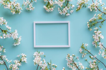 Beautiful flower composition. Blank frame for text, white flowers on pastel blue background. Valentine's Day, Easter, Birthday, Happy Women's Day, Mother's Day. Flat lay, top view, copy space,