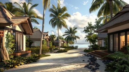 Poster - Create an image of a serene beachside resort with stylish bungalows and palm trees, representing relaxation and luxury.