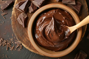 Sticker - Rich, creamy chocolate spread in a wooden bowl with a spoon, surrounded by chocolate chunks