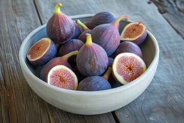 Poster - Ripe purple figs, some halved, in a rustic bowl displayed on a wood surface