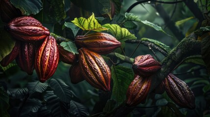 Wall Mural - Cocoa fruit, healthy Theobroma cacao fruit on organic farm. Green leaves blurred background.