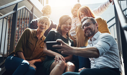 Aufkleber - Group, people and stairs with smile or phone, international in office with lens flare. Crowd, diversity or happiness with mobile technology for company profile picture, team building for employees