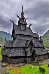 Wall Mural - Norway stavkirha in Borgund on a cloudy summer day