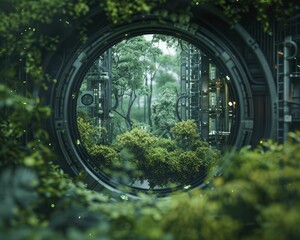 Sticker - Engineering a green tomorrow through resilient lenses, with intricate machinery enveloped by vibrant greenery, embodying the synergy of technology and nature.