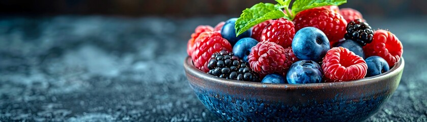 A bowl of fresh blueberries, raspberries, and blackberries on a dark blue stone table