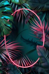 Wall Mural - 3d render of neon light oval frame with tropical leaves, vibrant color background, dark green and pink colors, trendy summer concept with copy space