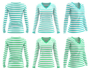 Wall Mural - 2 Set of white and turquoise blue green stripe striped long sleeve woman tee sweater v-neck front back side view on transparent background cutout, PNG file. Mockup template for artwork design