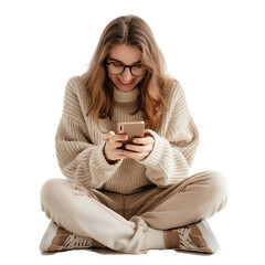 Wall Mural - A woman sits on the floor, joyfully watching her smartphone, isolated on a transparent background