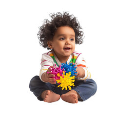 Wall Mural - A young child playing with a colorful toy, captured in a moment of joy and curiosity, isolated on a transparent background