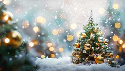 Wall Mural - Beautiful Christmas tree decorated with gold balls in snowy forest with festive Christmas lights outdoors, snowy background banner format, Christmas lights outdoors, Christmas tree in snowdrift.