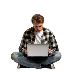 Wall Mural - A young man sitting cross-legged with a laptop, focused and immersed in his work, isolated on a transparent background