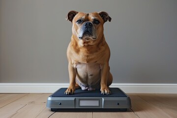 Sticker - cute poodle dog sitting on weigh scales with measuring meter in the mouth