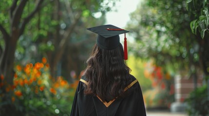 Graduates woman wearing graduation cap, Rear view blurred background