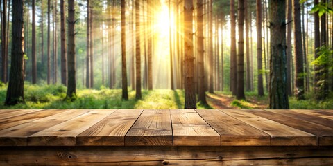 wood table top with forest view background