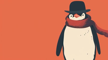 Sticker - A cute penguin wearing a hat and scarf is standing on an orange background. The penguin is looking at the viewer with a friendly expression.