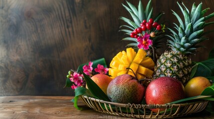 Wall Mural - Tropical fruits displayed in a basket on a wooden surface mango pineapple rose apple and mulberry