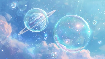 Wall Mural - azure background with glass planets and bubbles floating in the air
