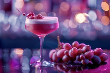 A purple cocktail with a cherry and grapes on a table