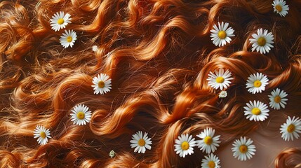 Wall Mural - curly red hair with herbs and daisies. concept of natural pharmacy care cosmetics, hair products
