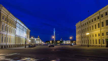 Wall Mural - Palace Square and Alexander column timelapse hyperlapse in St. Petersburg at night, Russia.