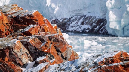 Wall Mural - the contrast of bright red rocks against a backdrop of shimmering white ice a sight to behold.