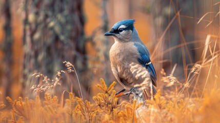 Wall Mural - Eurasian jay in the Finnish taiga forest surrounded by golden grass