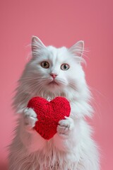 Sticker - fluffy white cat holds out a knitted red heart isolated on pink pastel background