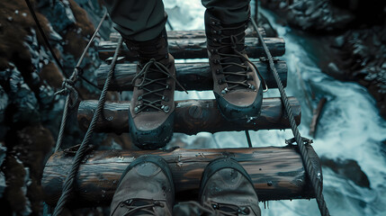 Wall Mural - A person's feet are on a wooden bridge over a river