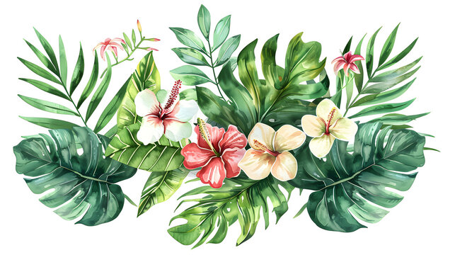 Clipart illustration watercolor of Tropical spring floral green leaves and flowers on a white background, suitable for crafting and digital design projects.[A-0001]