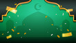 © Matakeris Creative - Elegant green and gold festive background featuring an Islamic mosque silhouette with crescent moon, ornate arches, and celebratory confetti