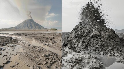 Wall Mural - a comparison shot of a mud volcano in its dormant state and during a major eruption.