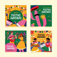 Poster - Hand drawn flat festa junina square cards set collection