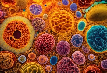 Colorful microorganism cells close up. illustration in high details for medical education and science. ai generative