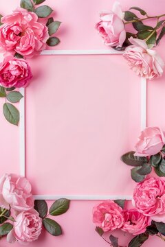 Beautiful flowers composition. Blank frame for text, pink rose flowers on pastel pink background. Valentine's Day, Easter, Birthday, Happy Women's Day, Mother's Day. Flat lay, top view, copy space,