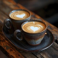 Wall Mural - Two Cups of Heart Shaped Latte Art on Rustic Wooden Table Symbolizing Love and Togetherness