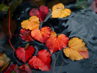 Poster - Heart Shaped Autumn Leaves Floating on a Peaceful Pond Reflecting Nature s Beauty