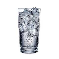 Close-up of a glass filled with sparkling water and ice cubes. Refreshing beverage isolated on a white background.