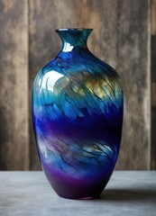 Wall Mural - Colorful Decorative glass vase with green and blue pattern on the table. Close up. ai generative