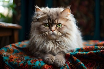 Wall Mural - A fluffy Persian kitty, with piercing green eyes, sits at a table covered in a vibrant, patterned cloth. Its curious gaze peeks out from behind the fabric, as if playing a game of hide and seek.