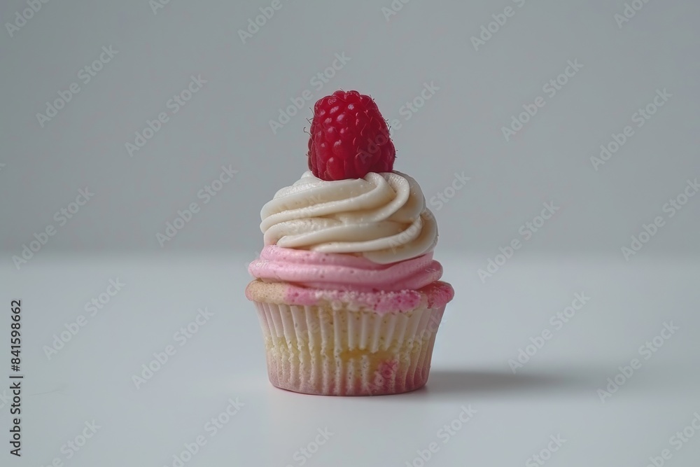 Classic vanilla cupcake with pink frosting and a raspberry on top ...