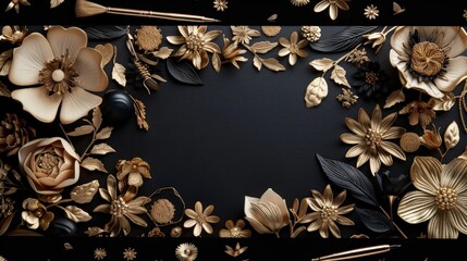 Wall Mural - Luxurious black marble background with frame, gold flowers. View on top with space to design and edit 