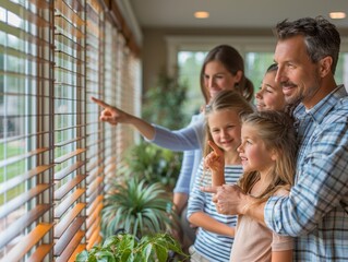 Happy Family of Four Visiting Spacious Suburban Home with Realtor, Exploring Features with Excitement and Enthusiasm