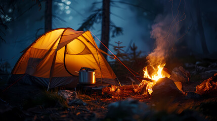 Wall Mural - A black pot with smoke coming out of it sits next to a tent