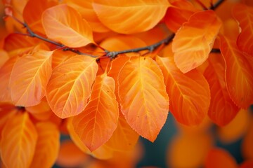 Wall Mural - Detailed shot of bright orange leaves on a branch, symbolizing the beauty of fall